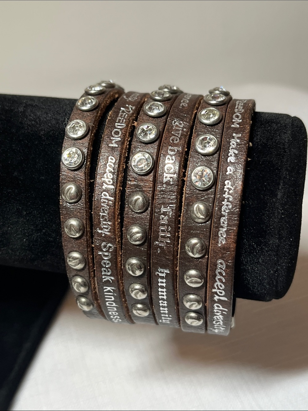 Brown Leather HUMANITY Wrap Bracelet with Studs and Inspirational Script